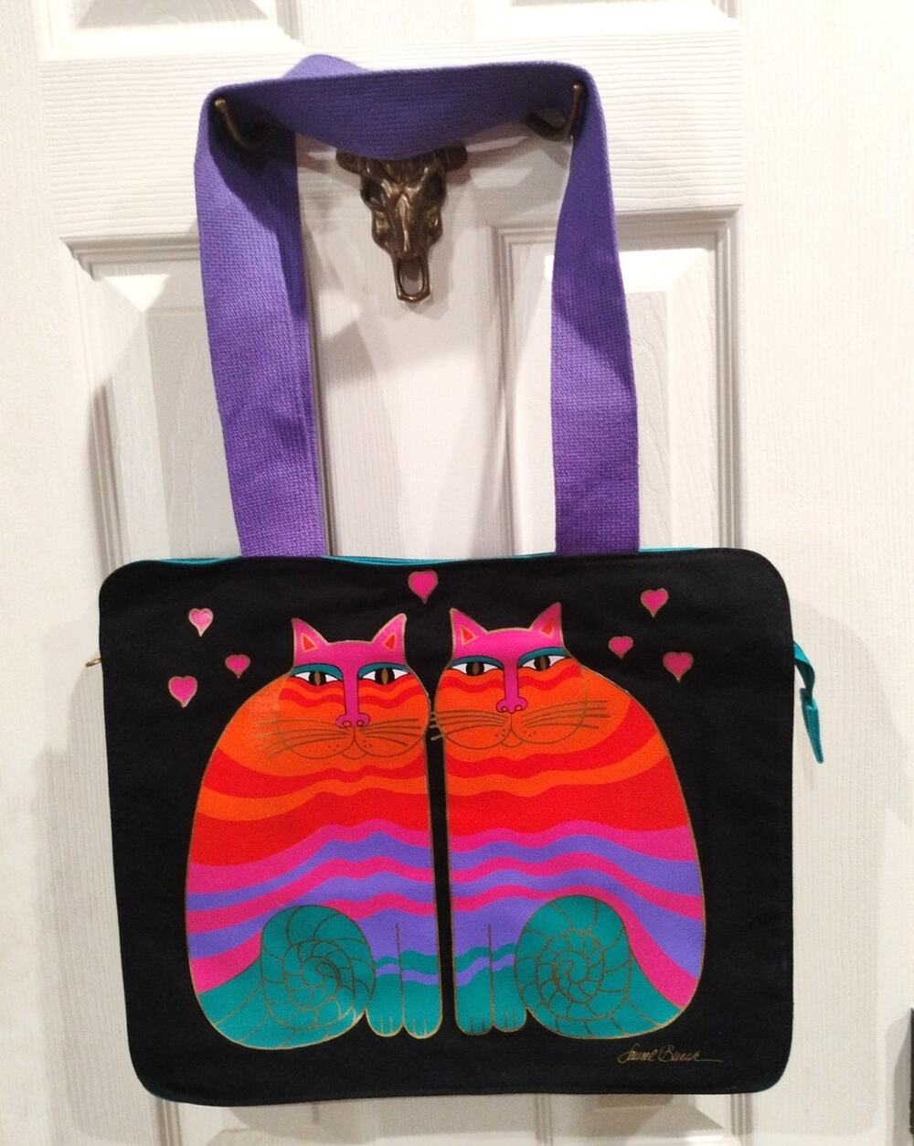 Vtg Laurel Burch Tote Bag Rainbow Cats Black Canvas